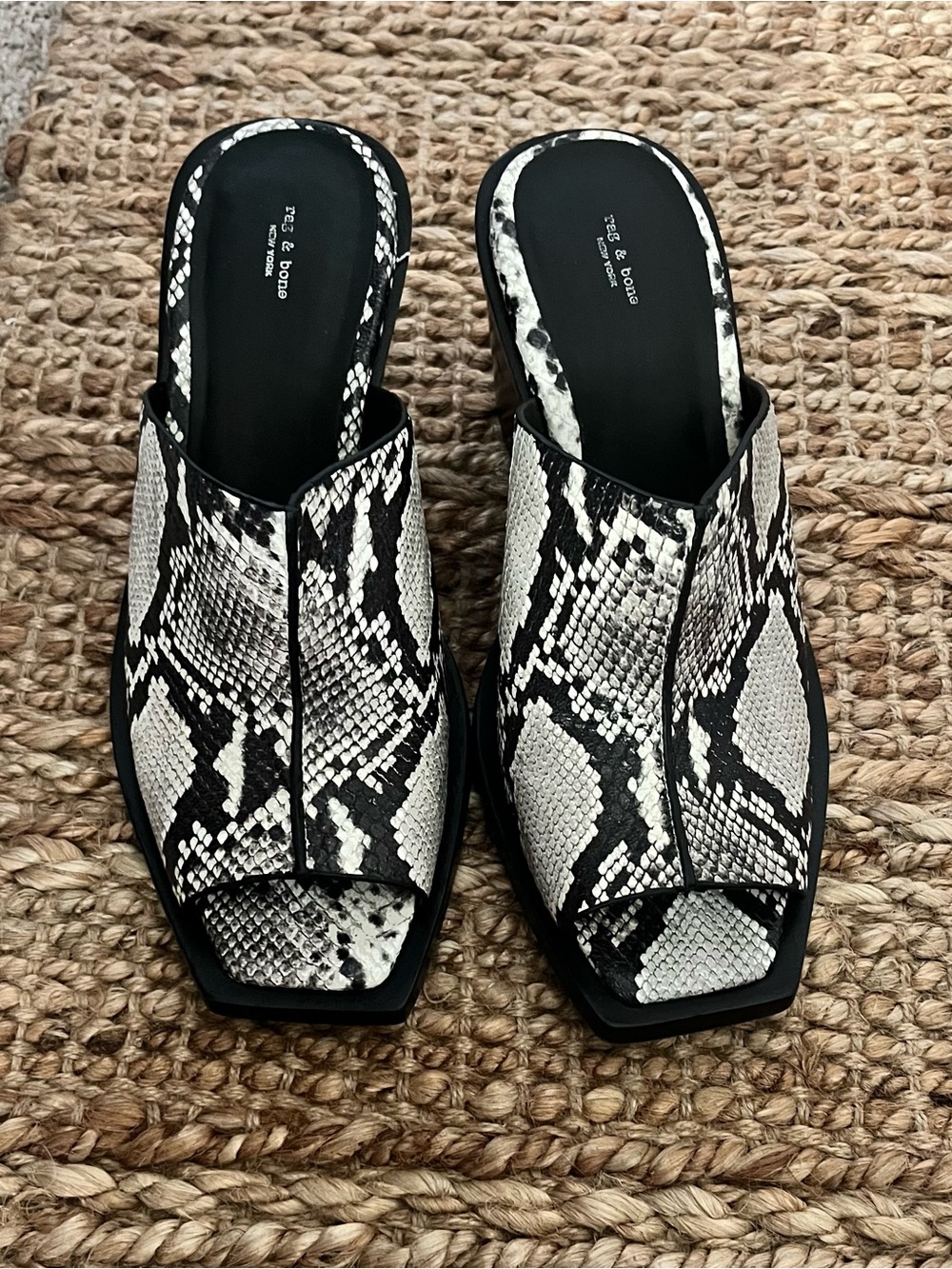 rag & bone Black and White Snake-Print Open Square-Toe Mules